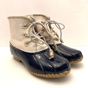 Jack Rogers Womens 9 Chloe Boots Gold Metallic‎ Leather Navy Duck Rain Winter